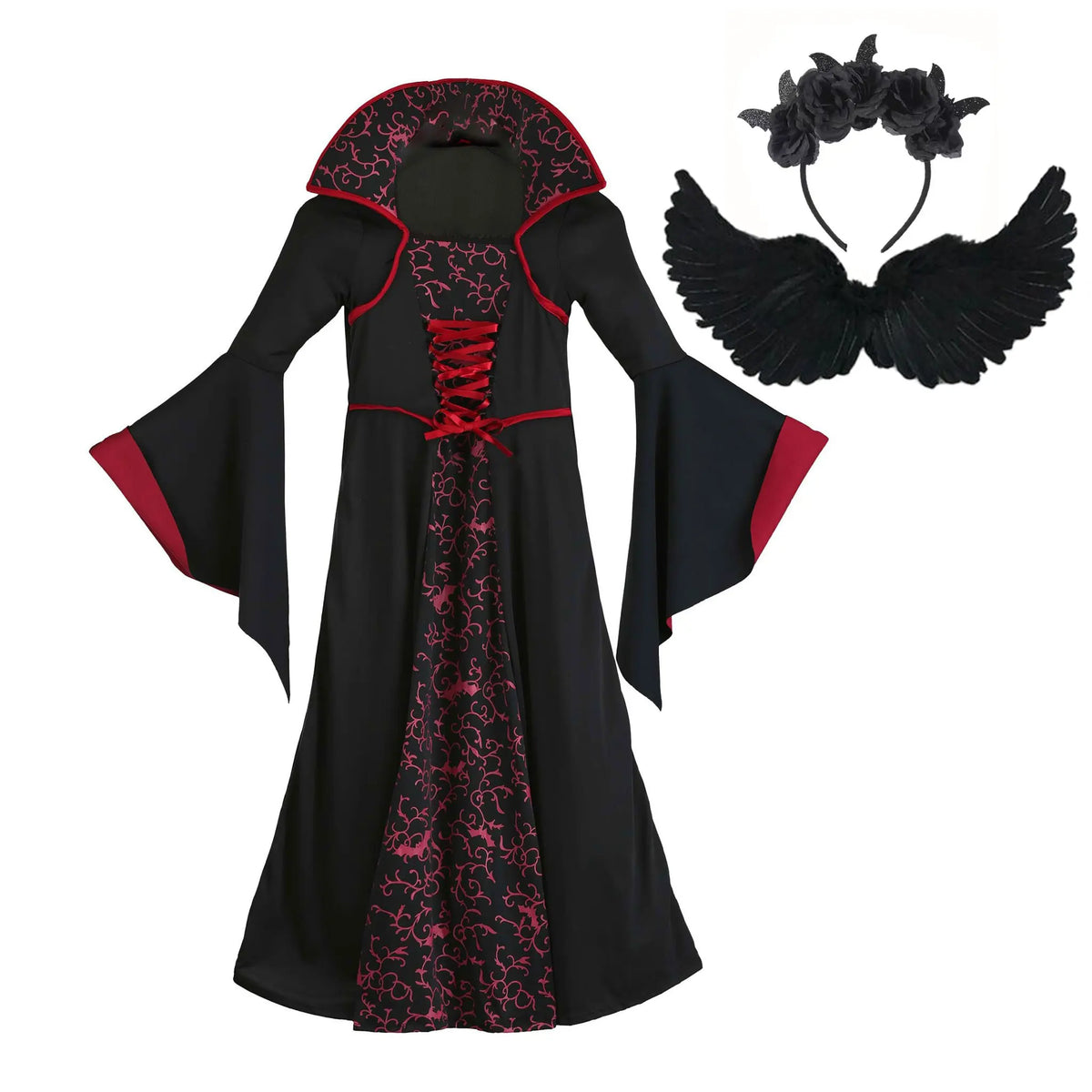 Kids Royal Vampire Queen Costume Retro Black Red Long Robe Girls Gothic Dress Halloween Street Parade Villain Role Play Outfit