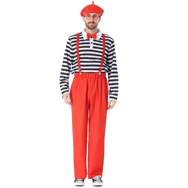 Adult Black White Striped Top Red Suspender Pants Wally Halloween Party Cosplay Costume