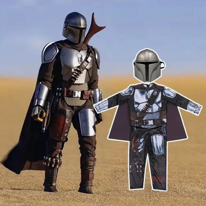 New Kids Classic Mandalorian Costume Set Star Wars Warrior Armor Jumpsuit with Helmet & Cape Boys Halloween Cosplay Dress Up