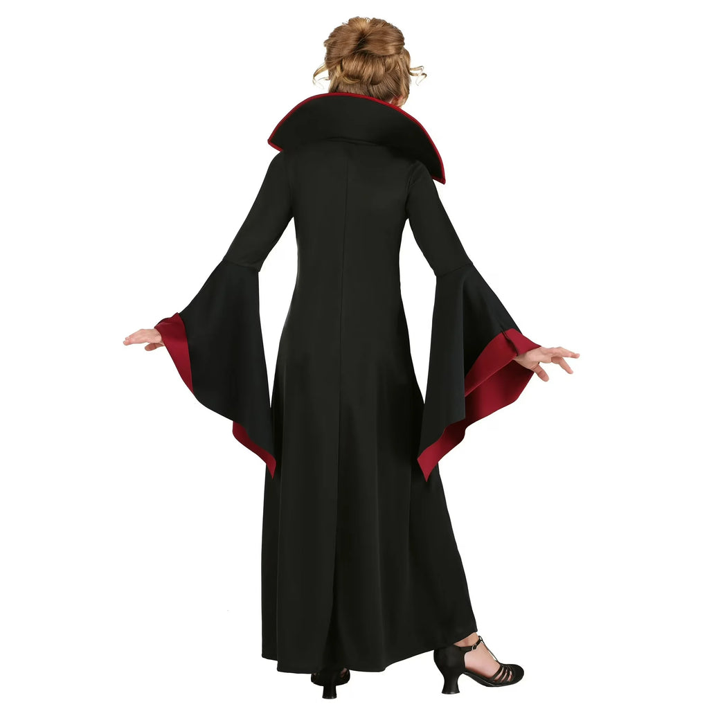 Kids Royal Vampire Queen Costume Retro Black Red Long Robe Girls Gothic Dress Halloween Street Parade Villain Role Play Outfit