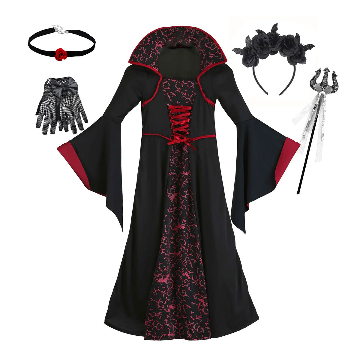 Kids Royal Vampire Queen Costume Retro Black Red Long Robe Girls Gothic Dress Halloween Street Parade Villain Role Play Outfit