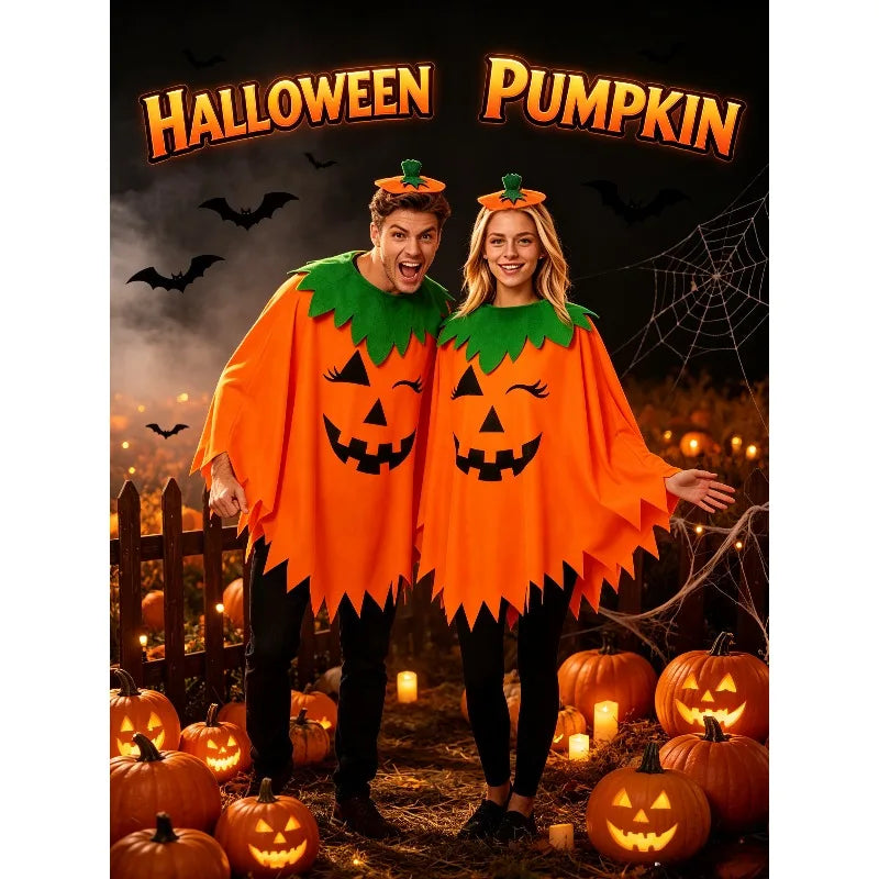 Adult Pumpkin Cape Shawl Costume, Halloween Party Role Play Set, Cloak Outfit with Pumpkin Hat Headband for Stage Show Costume
