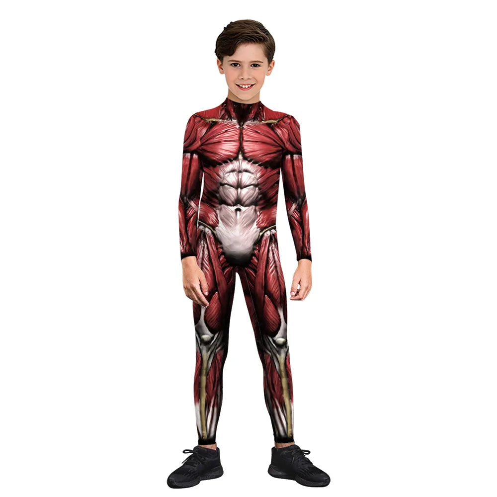 Kids Muscle Skeleton Superhero Cosplay Bodysuit Boys Girls Hero Attack on Titan Jumpsuit Halloween Party Game Zentai Suit