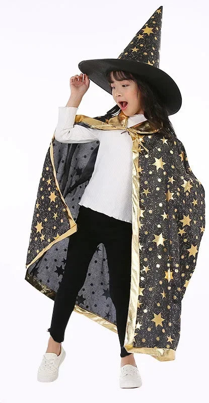 Masquerade Costume Wizard Witch Cloak Cape Robe With Hat For Show Play s Magic Wands Baby Kids