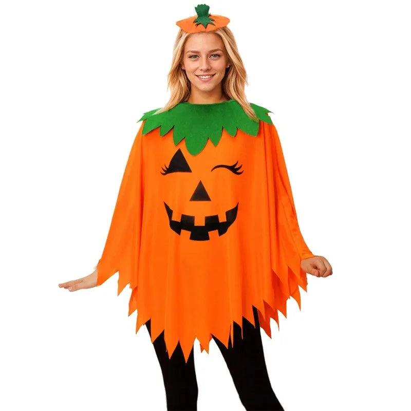 Adult Pumpkin Cape Shawl Costume, Halloween Party Role Play Set, Cloak Outfit with Pumpkin Hat Headband for Stage Show Costume