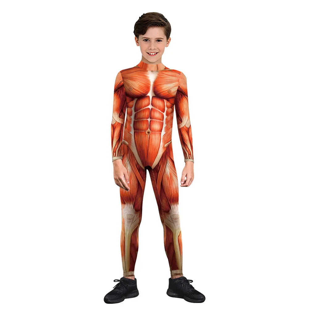 Kids Muscle Skeleton Superhero Cosplay Bodysuit Boys Girls Hero Attack on Titan Jumpsuit Halloween Party Game Zentai Suit