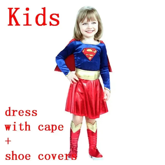 Superwoman Dress Cosplay Costumes Super Girls Dress Shoe Covers Suit Superhero Woman Super Hero Kids Halloween Costume