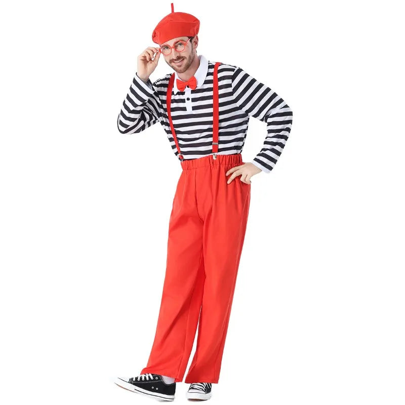 Adult Black White Striped Top Red Suspender Pants Wally Halloween Party Cosplay Costume