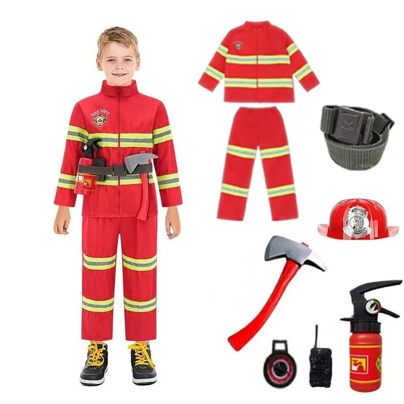 Firefighter Costume Set with Helmet Axe Water Gun Walkie Talkie Outfit Halloween Carnival Party Role Play Uniform