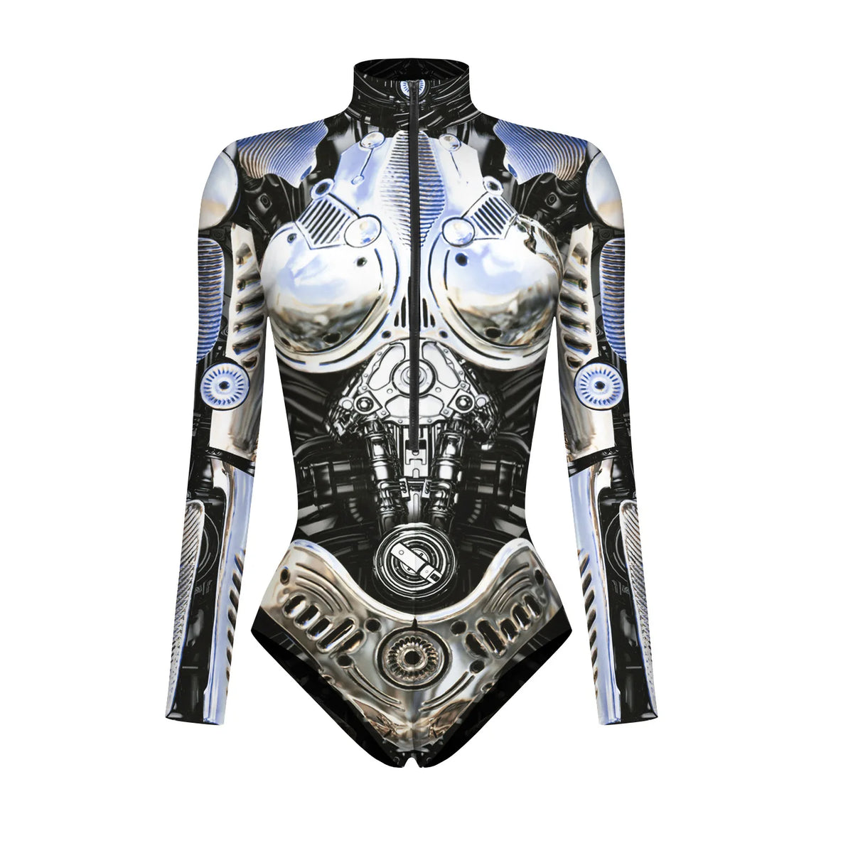 New Superhero Jumpsuit Cosplay Costume Robot Armor Zentai 3D Digital Print Women's Long Sleeve Zipper Bodysuit Halloween Party