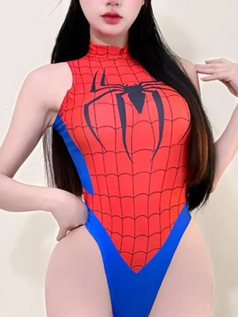 New Anime Swimsuit Cosplay Costume Bodysuits Elegant Sexy Sleeveless Spider Print Round Neck Bodysuits Pure Desire Charming R3RV