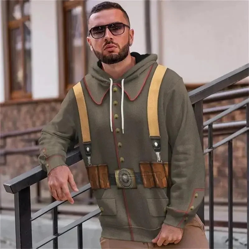 Men WWI Historical‑Style 3D Union Jack Print Drawstring Hoodie, Vintage History Theme Cosplay Casual Street‑Wear Pullover Tops