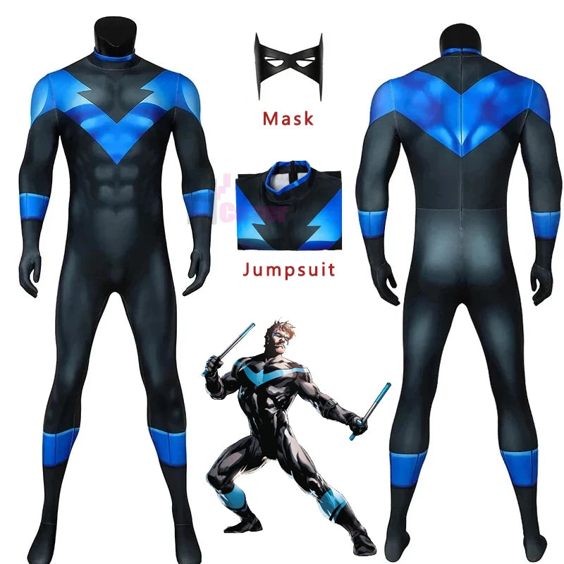 Superhero Nightwing Cosplay Zentai Bodysuit Robin Dick Grayson Jumpsuit Mask Costume Set Halloween Party Cosplay Catsuit Spandex