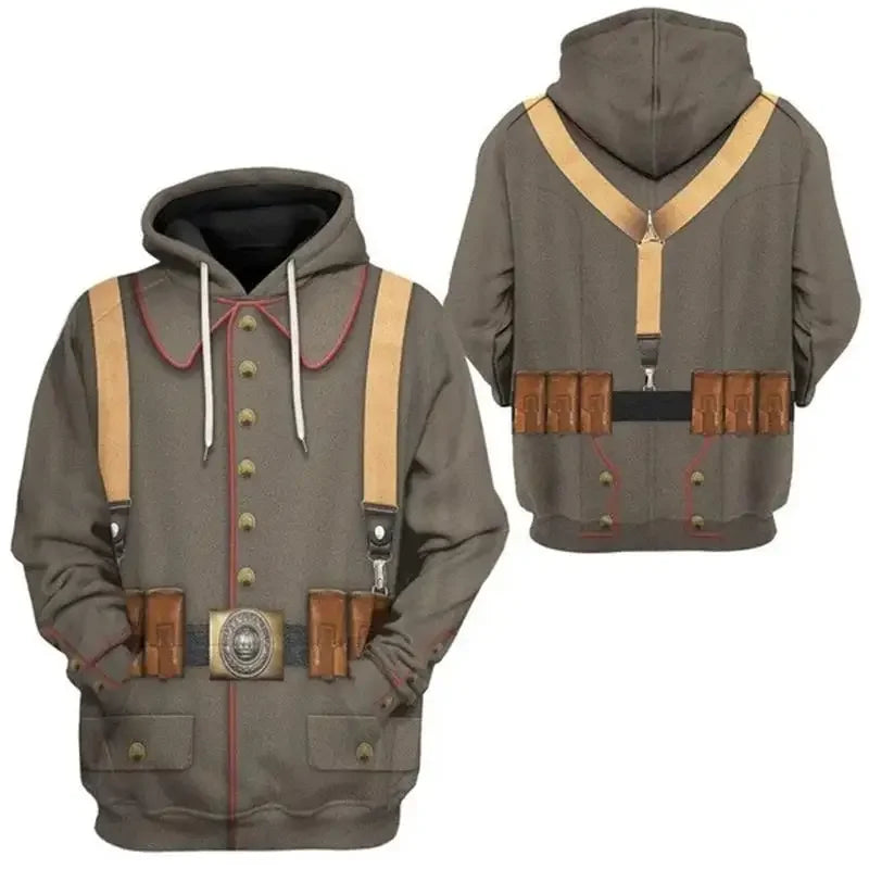 Men WWI Historical‑Style 3D Union Jack Print Drawstring Hoodie, Vintage History Theme Cosplay Casual Street‑Wear Pullover Tops