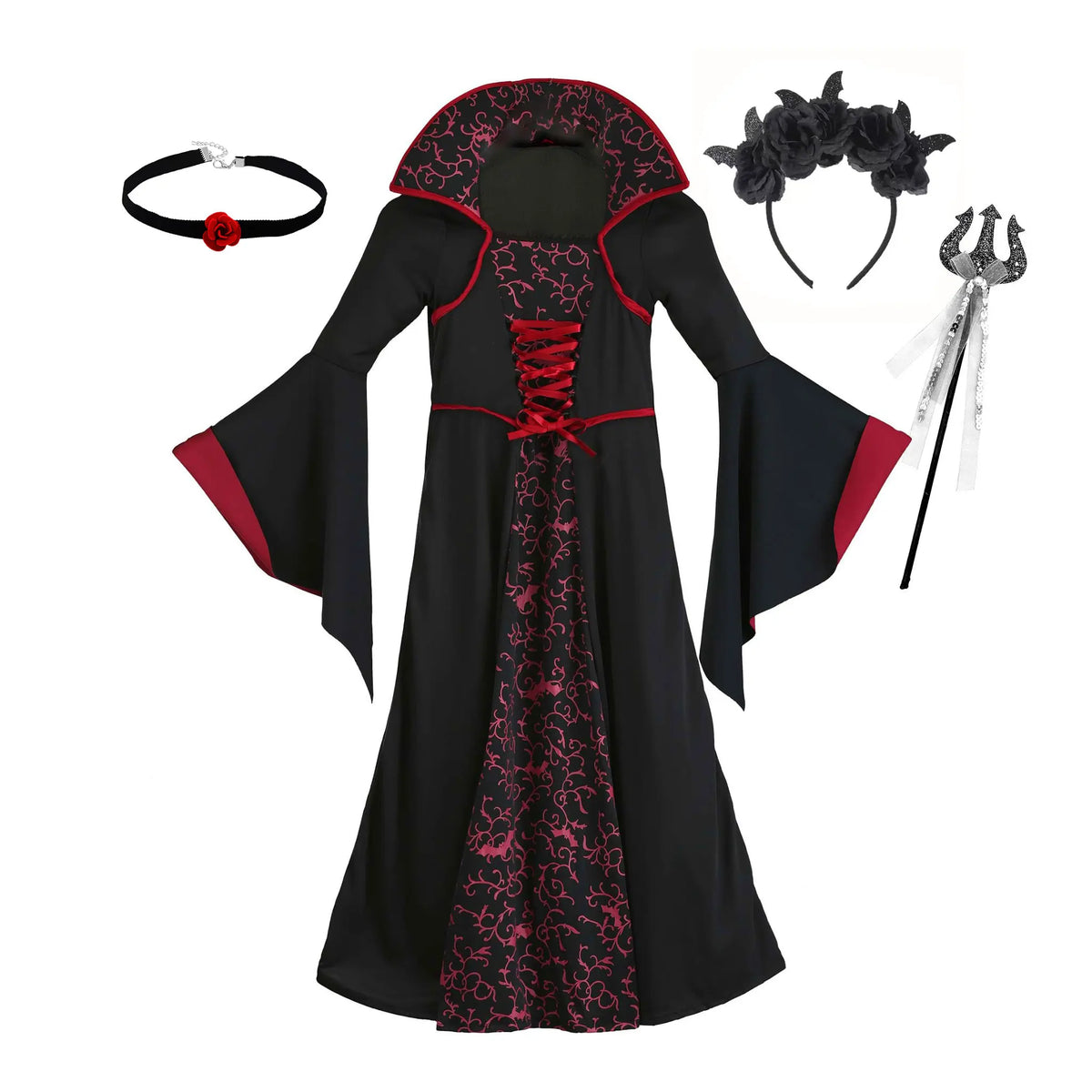 Kids Royal Vampire Queen Costume Retro Black Red Long Robe Girls Gothic Dress Halloween Street Parade Villain Role Play Outfit