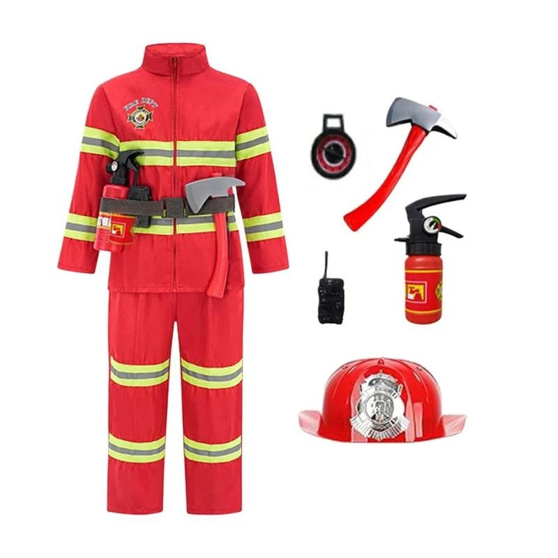 Firefighter Costume Set with Helmet Axe Water Gun Walkie Talkie Outfit Halloween Carnival Party Role Play Uniform